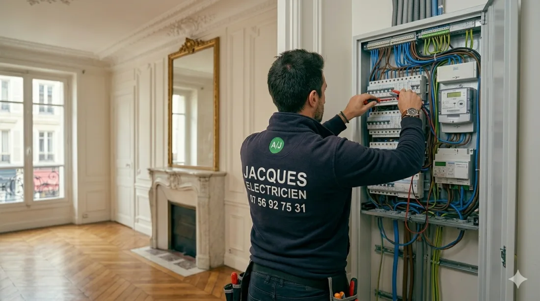 Jacques, électricien, intervient sur un tableau électrique dans un appartement haussmannien à Paris